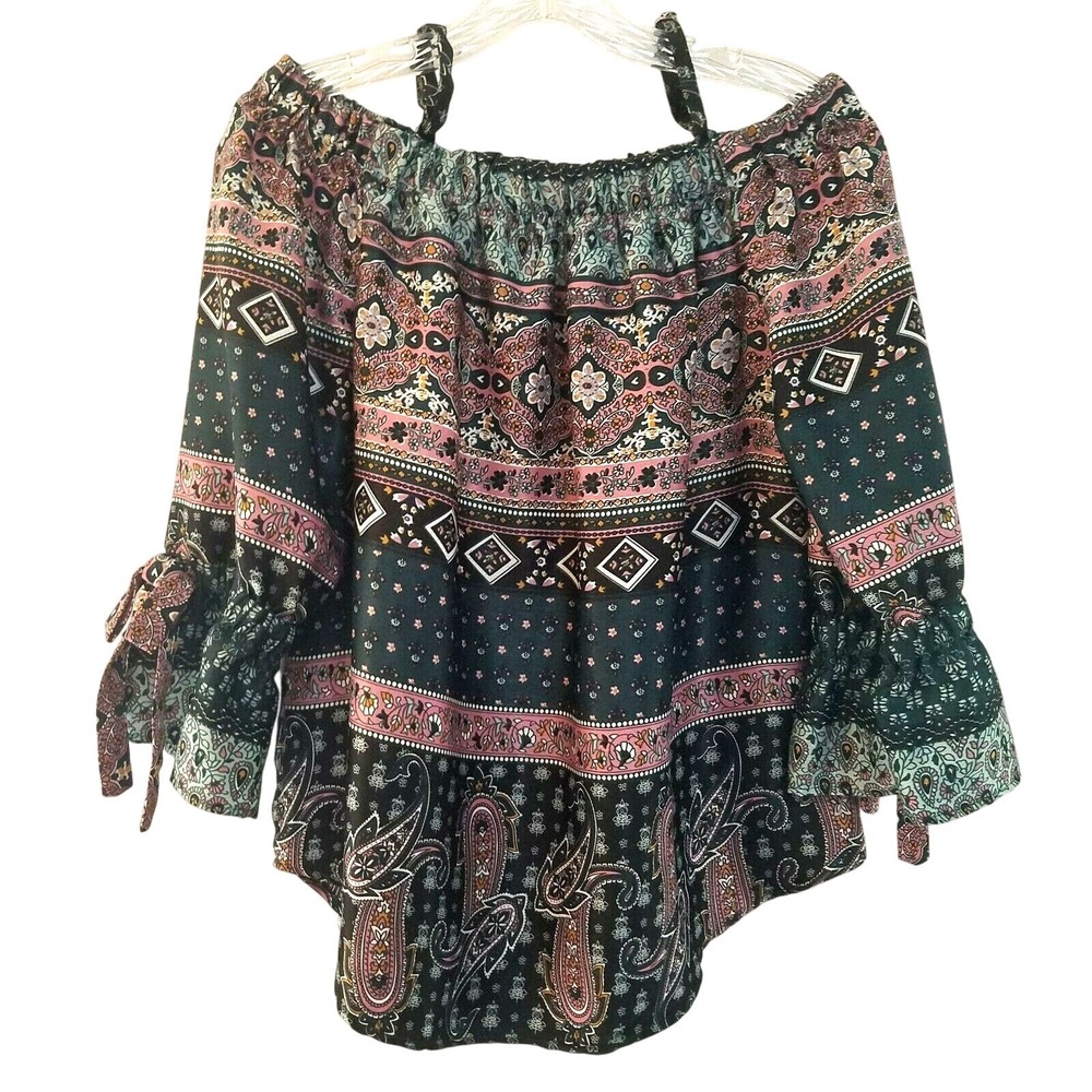 A BYER Boho Peasant Top Blouse LARGE Off Shoulder Paisley Floral‎ Cottagecore